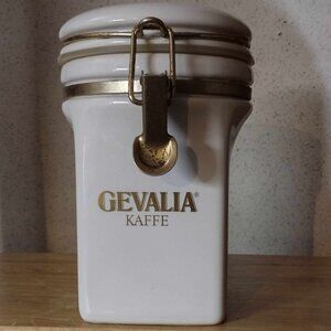 36 oz Ceramic Crock Airtight White and Gold Gevalia Kaffe Canister from Japan
